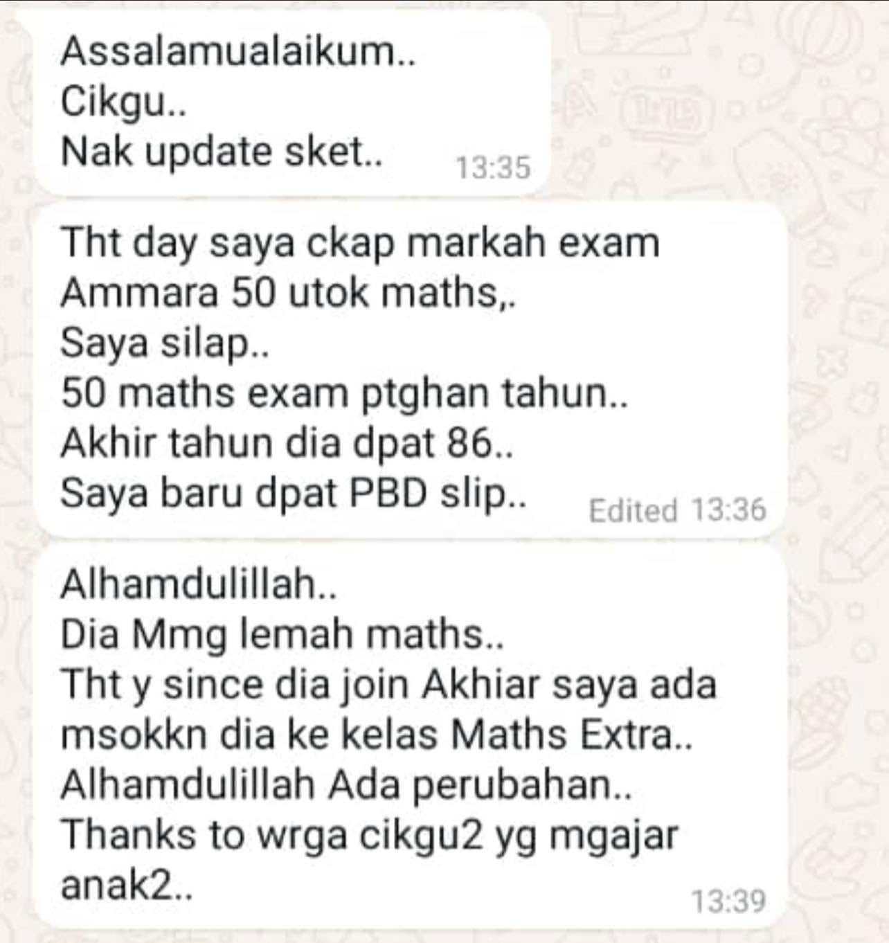 Maklum balas ibu bapa tentang markah Matematik anak meningkat daripada 50 kepada 86