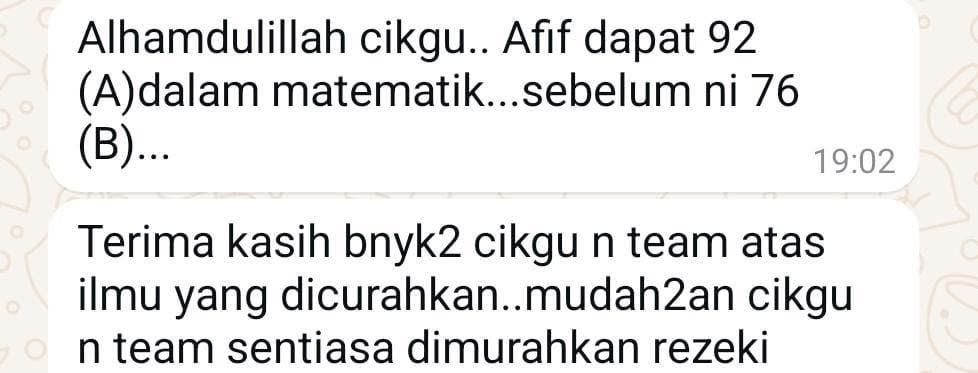 Maklum balas ibu bapa tentang markah Matematik Afif meningkat daripada 76 gred B kepada 92 gred A