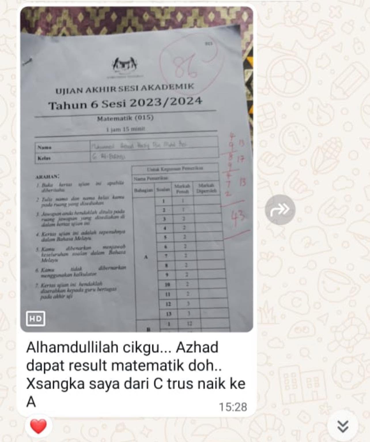 Maklum balas ibu bapa berserta slip peperiksaan tentang peningkatan Matematik daripada gred C kepada A